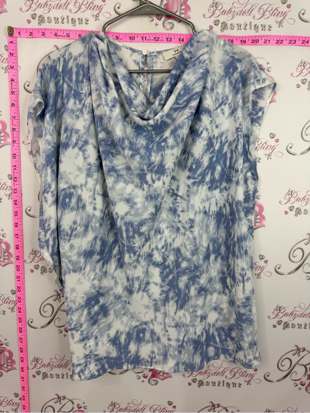 Halston Heritage Blue and White Tie-Dye Cowl Neck Tunic